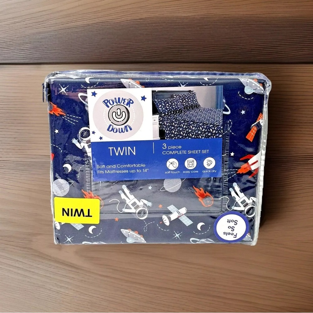 New Power Down Brand Astronaut Outer Space Alien Soft Twin Sheet Set Blue